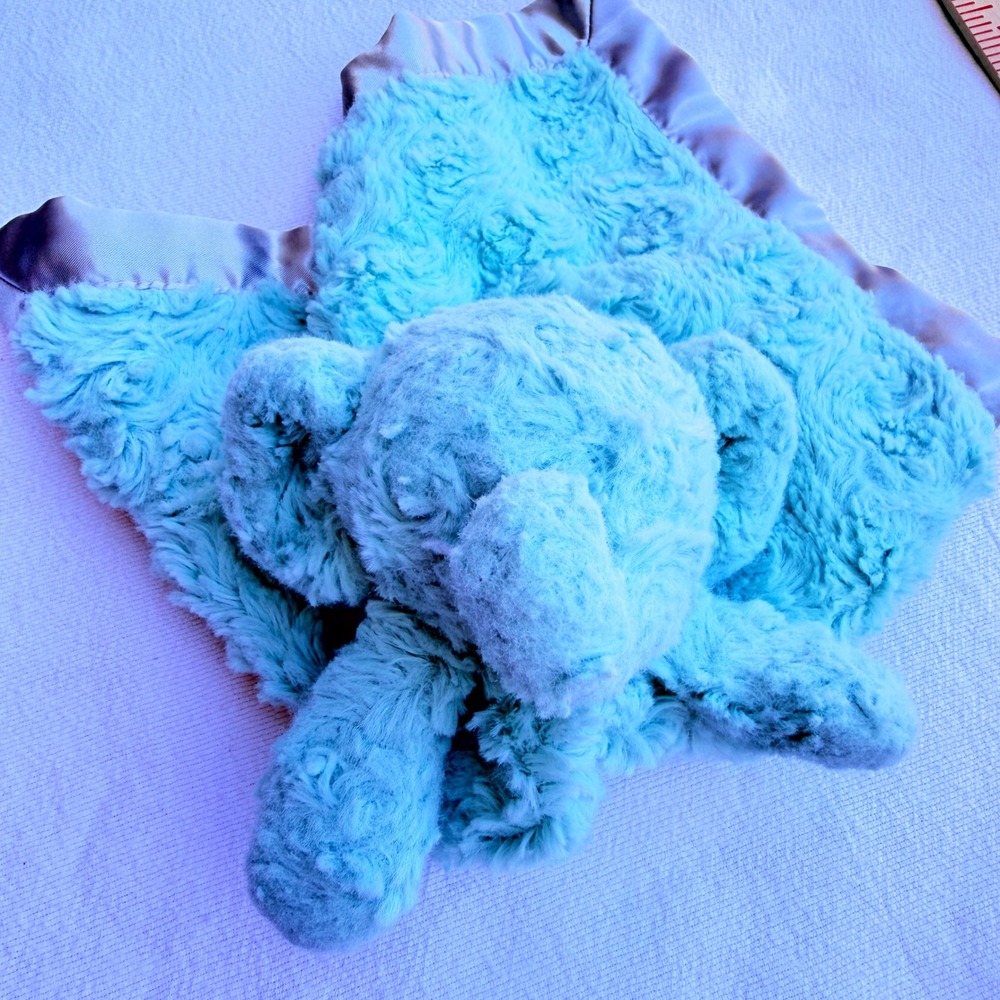 Elephant Baby Security Blanket Lovey Aqua Blue Plush Rosebud Satin Trim 14x14 - Picture 2 of 9